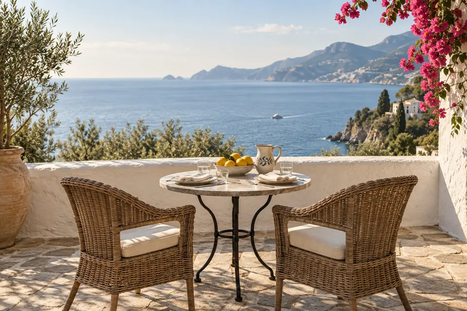 Two chairs on a sunlit terrace overlooking the sea
