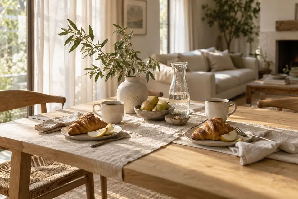 A sunlit breakfast table set for two with ceramics and warm linen