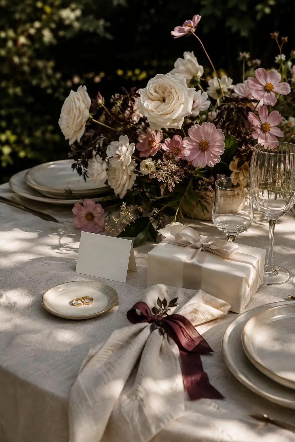 An intimate wedding table with ivory flowers, gold rings, linen and a ribbon-wrapped gift
